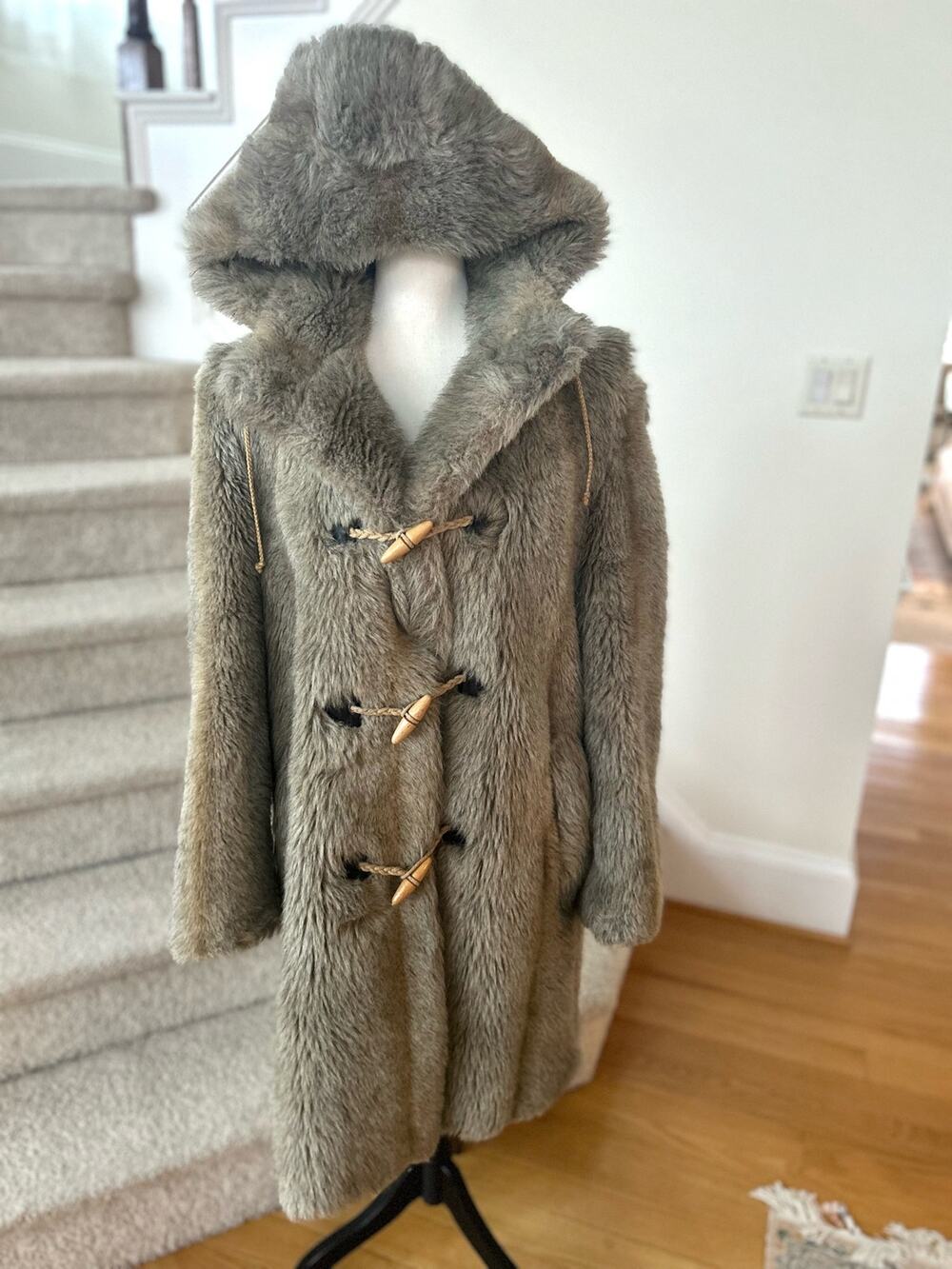 Vintage Faux Fur Taupe Brown Toggle Button Hooded Coat